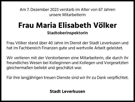 Anzeige von Maria Elisabeth Völker von Kölner Stadt-Anzeiger / Kölnische Rundschau / Express