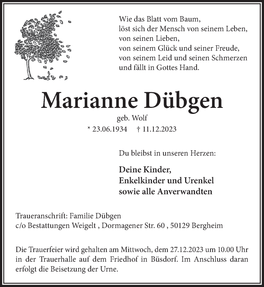  Traueranzeige für Marianne Dübgen vom 22.12.2023 aus  Werbepost 
