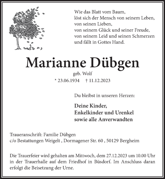 Anzeige von Marianne Dübgen von  Werbepost 