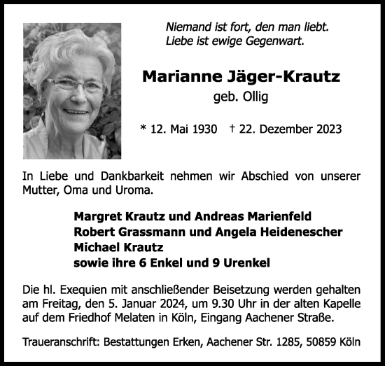 Anzeige von Marianne Jäger-Krautz von Kölner Stadt-Anzeiger / Kölnische Rundschau / Express