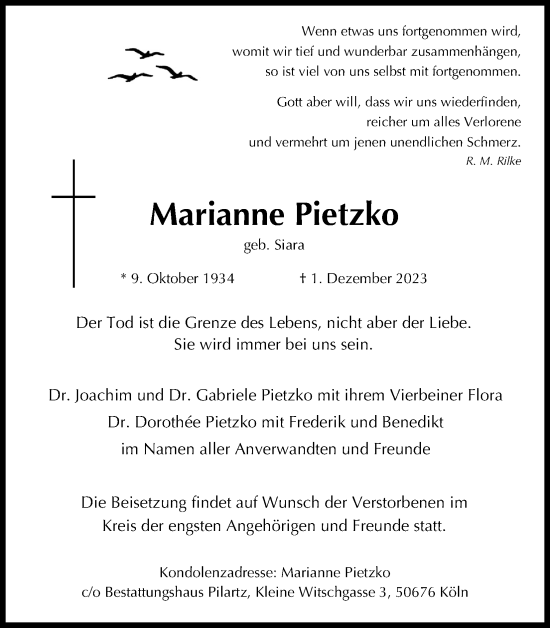 Anzeige von Marianne Pietzko von Kölner Stadt-Anzeiger / Kölnische Rundschau / Express