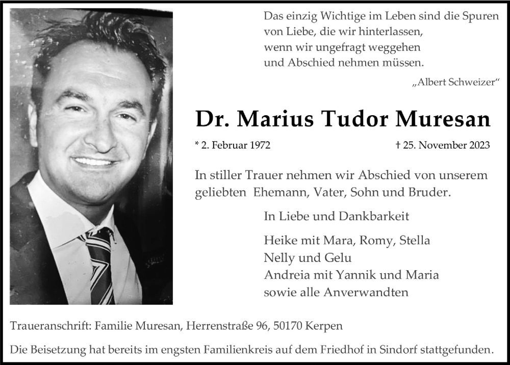  Traueranzeige für Marius Tudor Muresan vom 15.12.2023 aus  Werbepost 