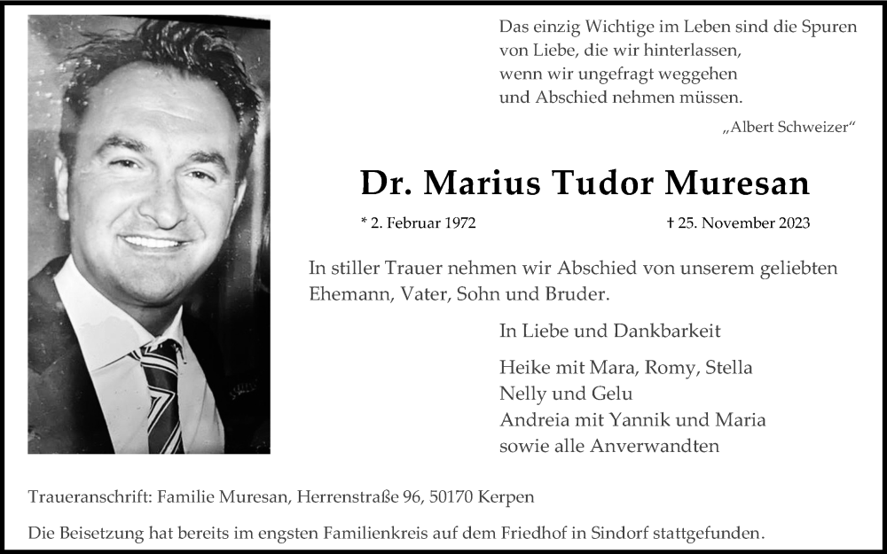  Traueranzeige für Marius Tudor Muresan vom 16.12.2023 aus Kölner Stadt-Anzeiger / Kölnische Rundschau / Express