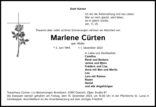 Anzeige von Marlene Cürten von Kölner Stadt-Anzeiger / Kölnische Rundschau / Express