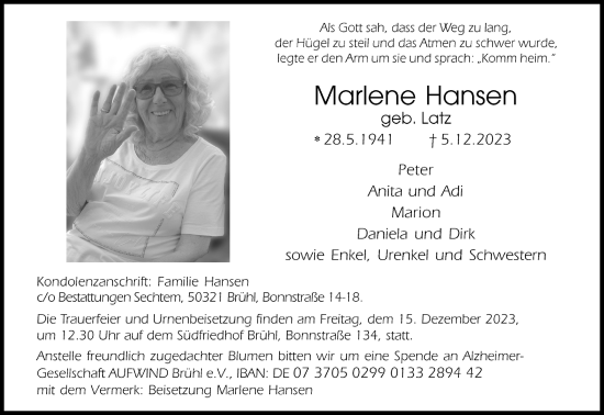 Anzeige von Marlene Hansen von Kölner Stadt-Anzeiger / Kölnische Rundschau / Express