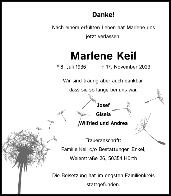Anzeige von Marlene Keil von Kölner Stadt-Anzeiger / Kölnische Rundschau / Express