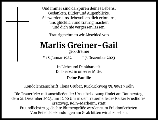 Anzeige von Marlis Greiner-Gail von Kölner Stadt-Anzeiger / Kölnische Rundschau / Express