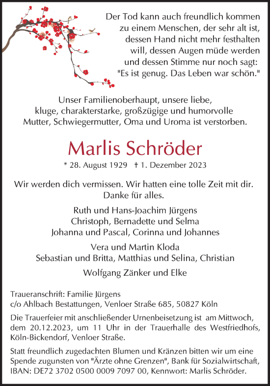 Anzeige von Marlis Schröder von Kölner Stadt-Anzeiger / Kölnische Rundschau / Express