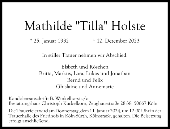 Anzeige von Mathilde Holste von Kölner Stadt-Anzeiger / Kölnische Rundschau / Express