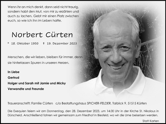 Anzeige von Norbert Cürten von Kölner Stadt-Anzeiger / Kölnische Rundschau / Express