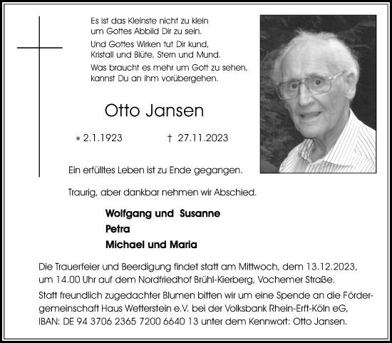 Anzeige von Otto Jansen von Kölner Stadt-Anzeiger / Kölnische Rundschau / Express