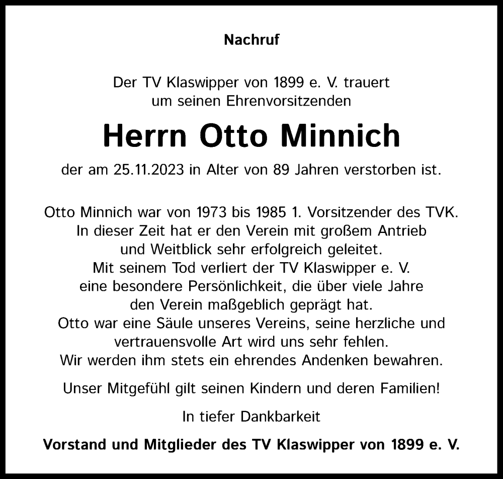  Traueranzeige für Otto Minnich vom 09.12.2023 aus Kölner Stadt-Anzeiger / Kölnische Rundschau / Express