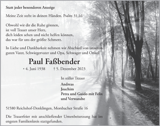 Anzeige von Paul Faßbender von  Lokalanzeiger 