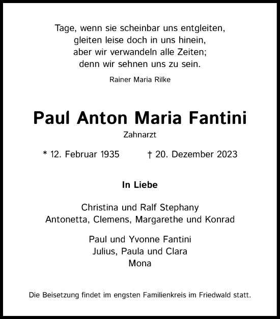 Anzeige von Paul Anton Maria Fantini von Kölner Stadt-Anzeiger / Kölnische Rundschau / Express