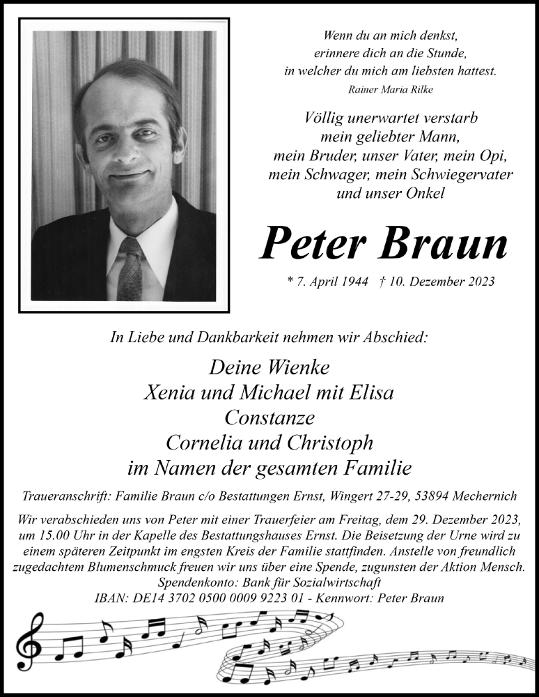  Traueranzeige für Peter Braun vom 23.12.2023 aus  Blickpunkt Euskirchen 