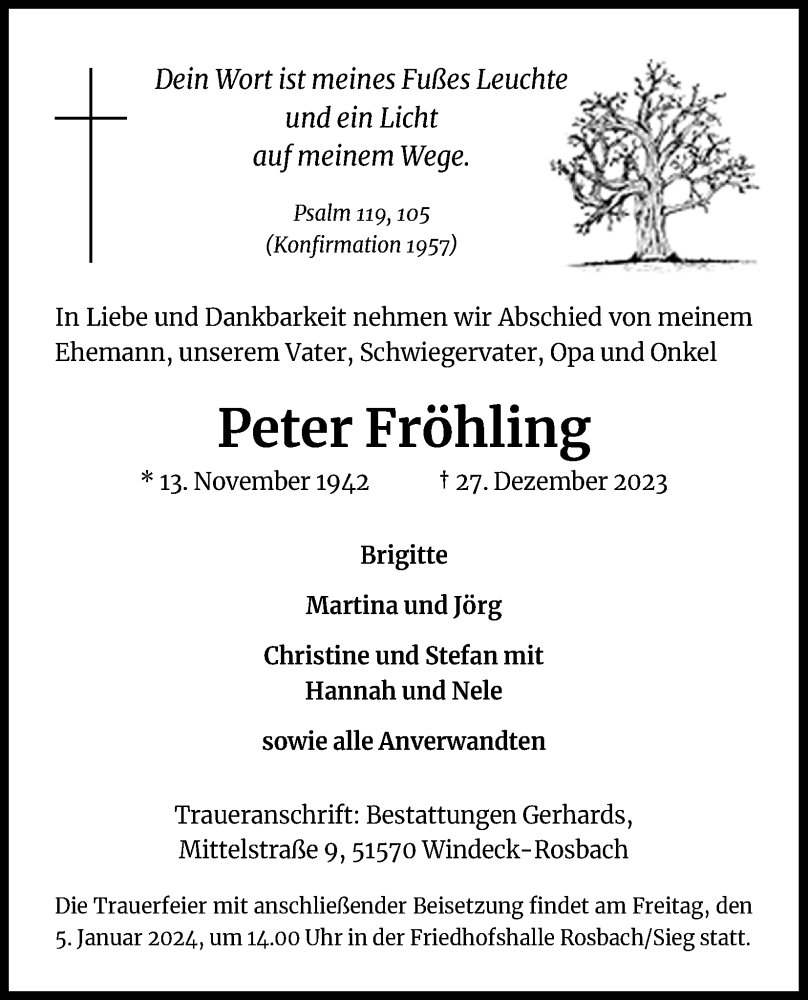  Traueranzeige für Peter Fröhling vom 30.12.2023 aus Kölner Stadt-Anzeiger / Kölnische Rundschau / Express
