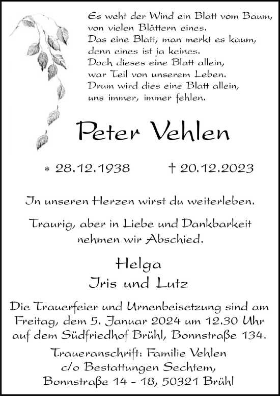 Anzeige von Peter Vehlen von  Schlossbote/Werbekurier 