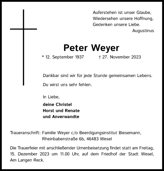 Anzeige von Peter Weyer von Kölner Stadt-Anzeiger / Kölnische Rundschau / Express