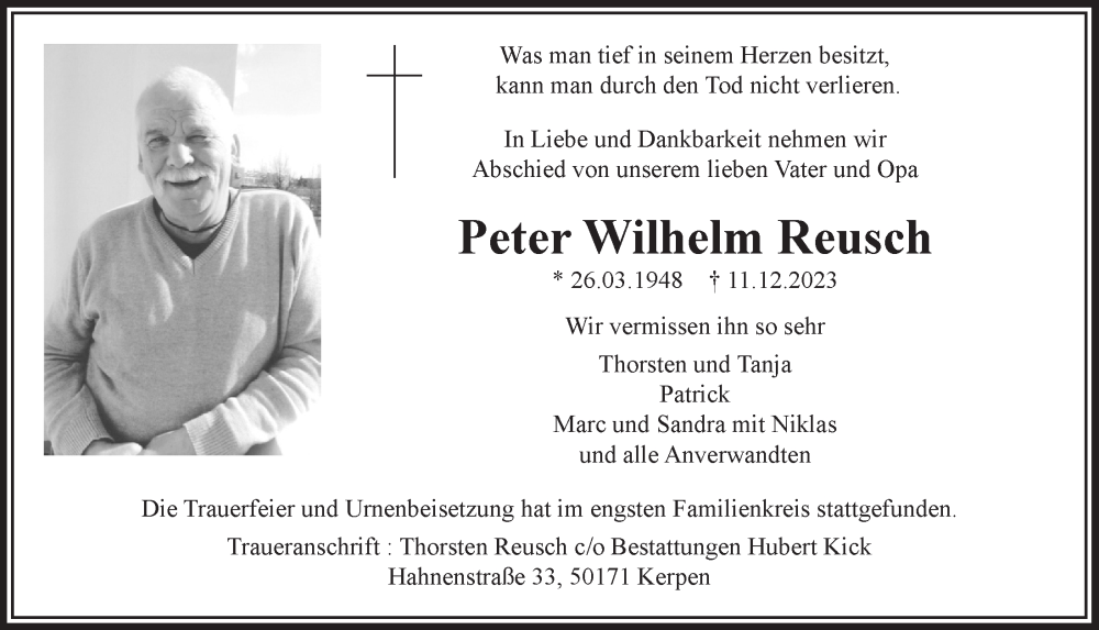  Traueranzeige für Peter Wilhelm Reusch vom 22.12.2023 aus  Wochenende 