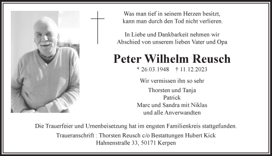 Anzeige von Peter Wilhelm Reusch von  Wochenende 