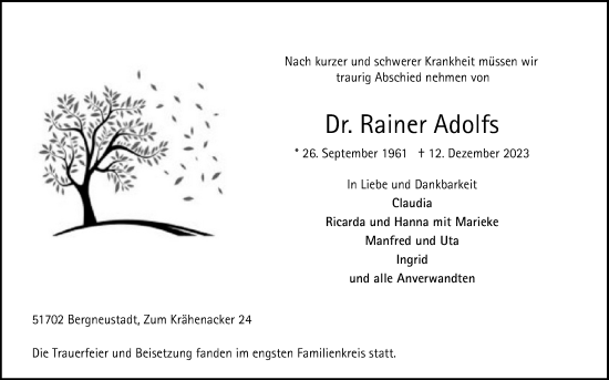 Anzeige von Rainer Adolfs von Kölner Stadt-Anzeiger / Kölnische Rundschau / Express