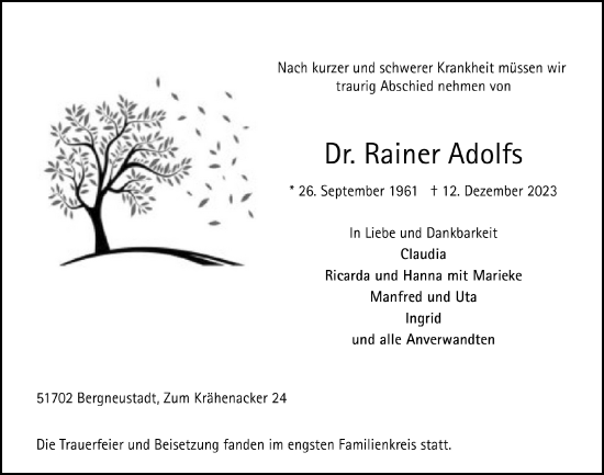 Anzeige von Rainer Adolfs von  Anzeigen Echo 