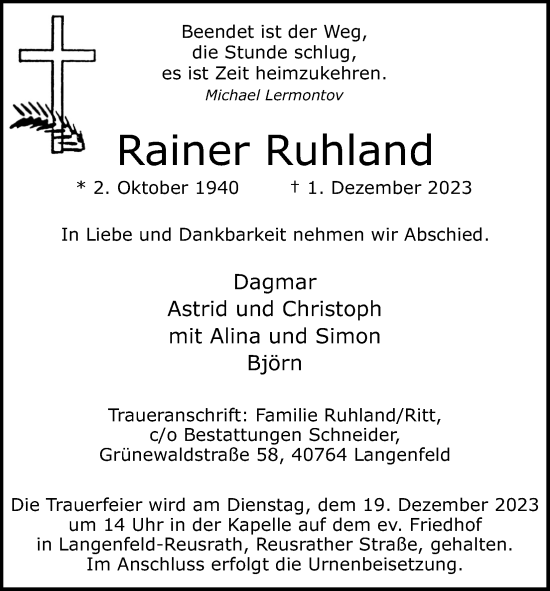 Anzeige von Rainer Ruhland von Kölner Stadt-Anzeiger / Kölnische Rundschau / Express