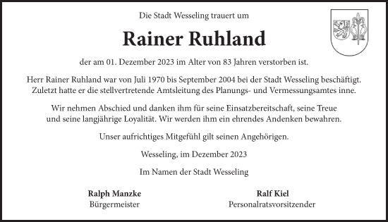 Anzeige von Rainer Ruhland von  Schlossbote/Werbekurier 