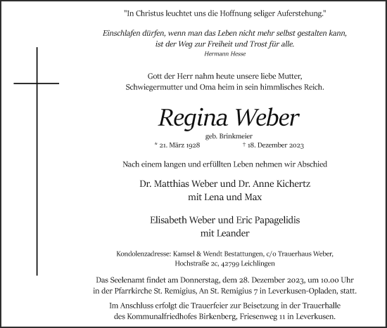 Anzeige von Regina Weber von Kölner Stadt-Anzeiger / Kölnische Rundschau / Express