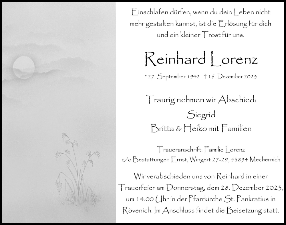  Traueranzeige für Reinhard Lorenz vom 23.12.2023 aus  Blickpunkt Euskirchen 
