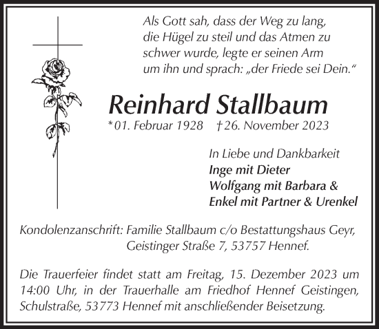 Anzeige von Reinhard Stallbaum von  Extra Blatt 