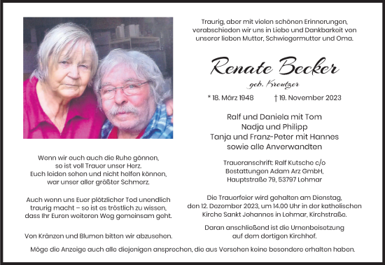 Anzeige von Renate Becker von Kölner Stadt-Anzeiger / Kölnische Rundschau / Express