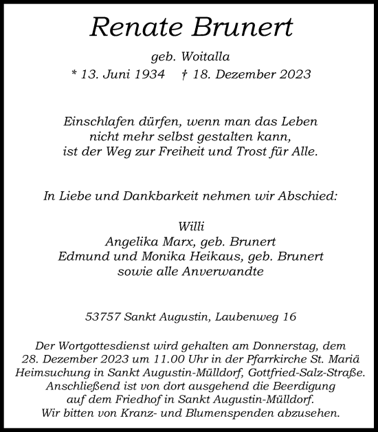 Anzeige von Renate Brunert von Kölner Stadt-Anzeiger / Kölnische Rundschau / Express