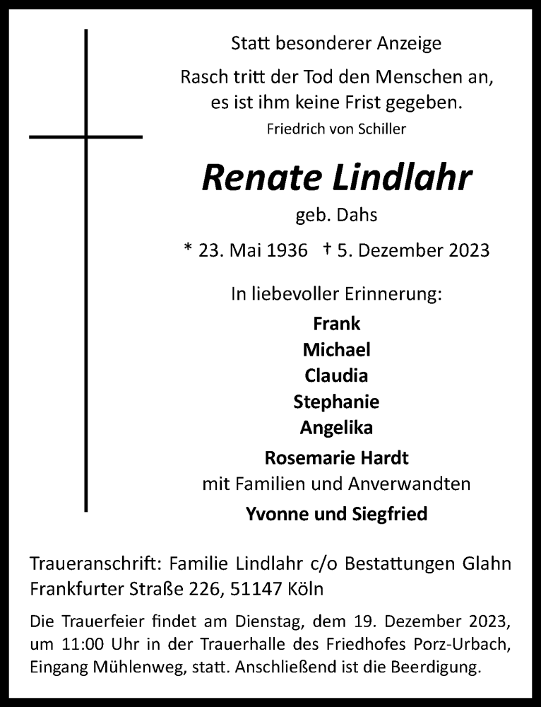  Traueranzeige für Renate Lindlahr vom 15.12.2023 aus  EXPRESS - Die Woche 