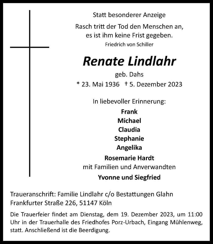  Traueranzeige für Renate Lindlahr vom 16.12.2023 aus Kölner Stadt-Anzeiger / Kölnische Rundschau / Express