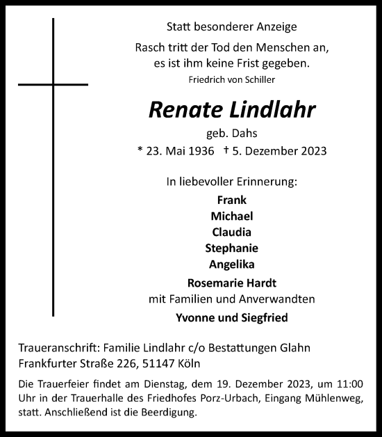 Anzeige von Renate Lindlahr von Kölner Stadt-Anzeiger / Kölnische Rundschau / Express