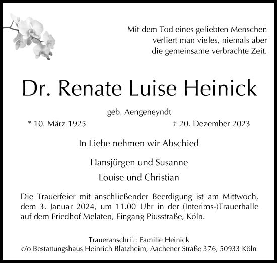 Anzeige von Renate Luise Heinick von Kölner Stadt-Anzeiger / Kölnische Rundschau / Express