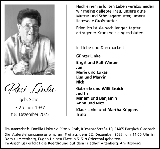 Anzeige von Resi Linke von  Bergisches Handelsblatt 
