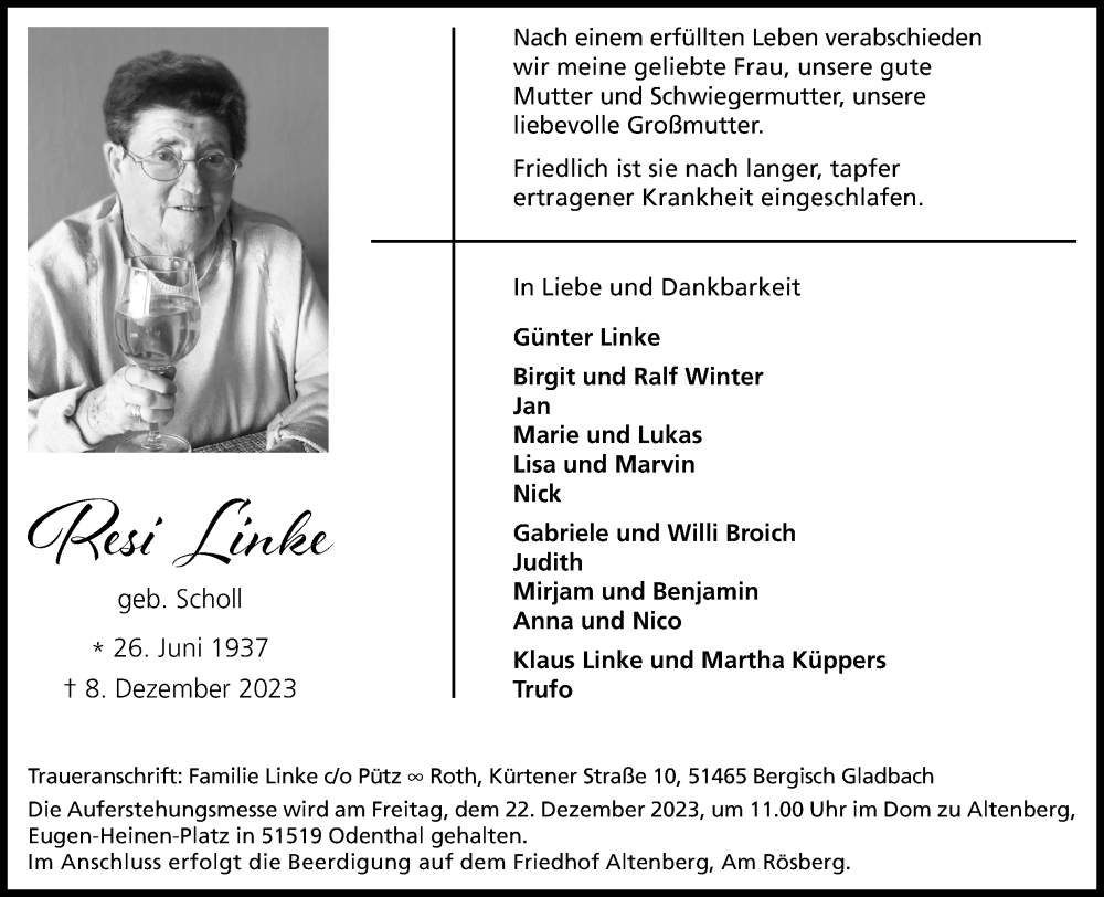  Traueranzeige für Resi Linke vom 16.12.2023 aus Kölner Stadt-Anzeiger / Kölnische Rundschau / Express