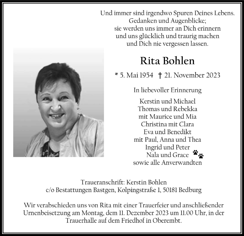  Traueranzeige für Rita Bohlen vom 08.12.2023 aus  Werbepost 
