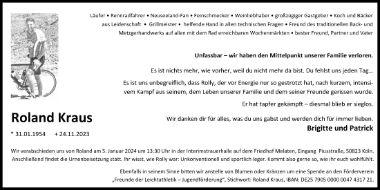 Anzeige von Roland Kraus von Kölner Stadt-Anzeiger / Kölnische Rundschau / Express