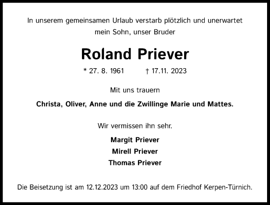 Anzeige von Roland Priever von Kölner Stadt-Anzeiger / Kölnische Rundschau / Express