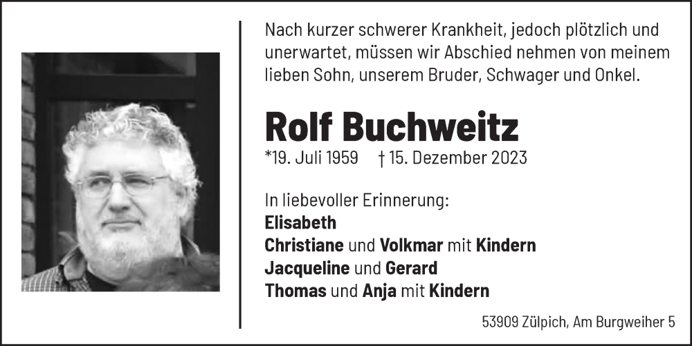  Traueranzeige für Rolf Buchweitz vom 23.12.2023 aus  Blickpunkt Euskirchen 