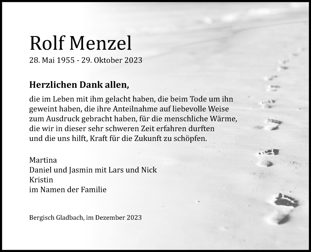  Traueranzeige für Rolf Menzel vom 16.12.2023 aus Kölner Stadt-Anzeiger / Kölnische Rundschau / Express