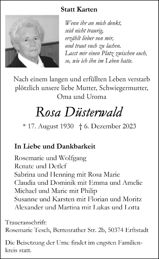 Anzeige von Rosa Düsterwald von  Werbepost 