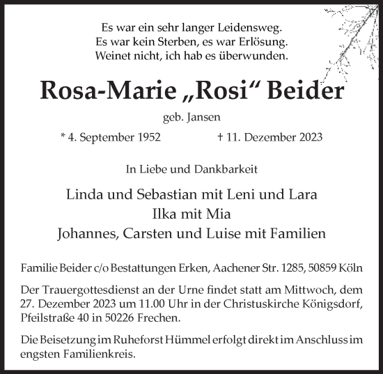 Anzeige von Rosa-Marie Beider von  Wochenende 