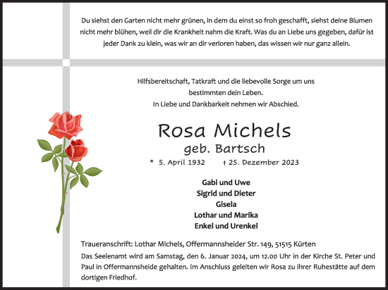 Anzeige von Rosa Michels von Kölner Stadt-Anzeiger / Kölnische Rundschau / Express
