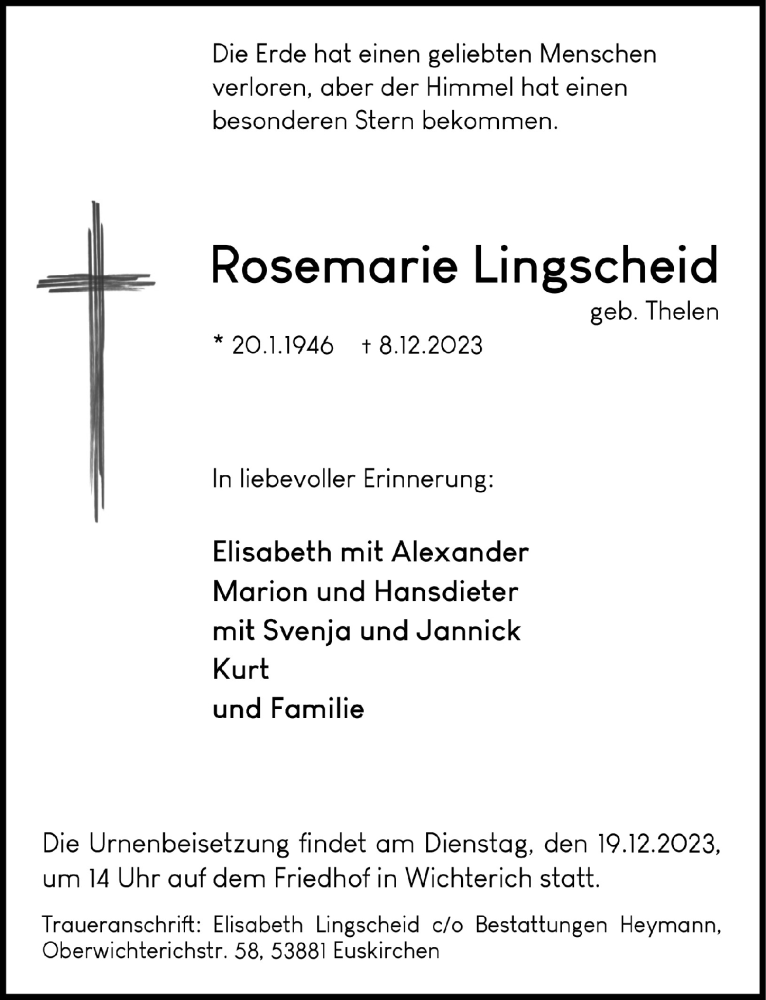  Traueranzeige für Rosemarie Lingscheid vom 16.12.2023 aus  Blickpunkt Euskirchen 