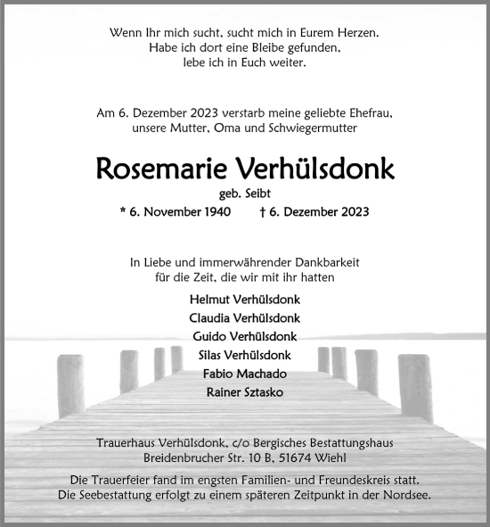 Anzeige von Rosemarie Verhülsdonk von  Anzeigen Echo 