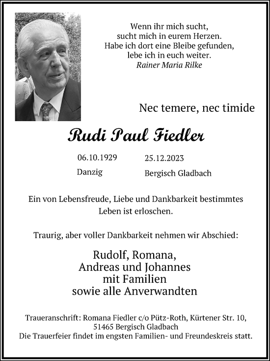Anzeige von Rudi Paul Fiedler von Kölner Stadt-Anzeiger / Kölnische Rundschau / Express